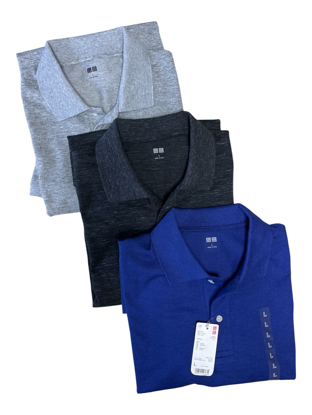 Bundle of 3 Uniqlo Men’s Dry Pique Polos - Blue, Grey, Charcoal - Size L